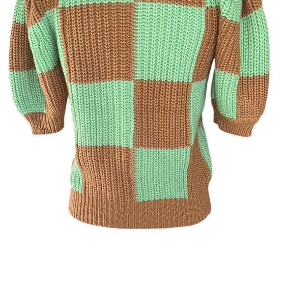 NWT English Factory Mint Green Tan Check Plaid Puff Sleeve Crop Sweater - XS - Picture 13 of 16